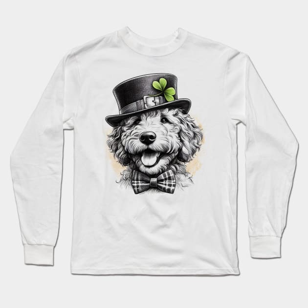 Saint Patrick's Day Goldendoodle Drawing Long Sleeve T-Shirt by TeeTrendz